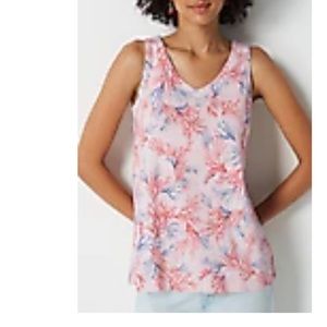 New J.Jill Pima Rounded V-neck Tank Medium soft rose coral garden NIB